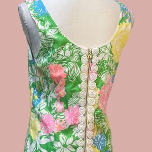 Lilly Pulitzer Shift Dress Size 4 Green Floral Gold Zip Sleeveless Cotton